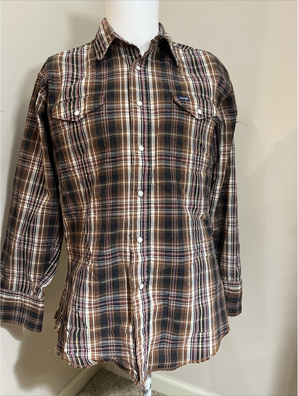 Wrangler Shirt Large Western Cowboy Pearl Snap Brown Red Plaid Long Sleeve